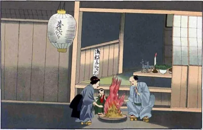 Old engraving of people praying by a small fire beneath a paper lantern