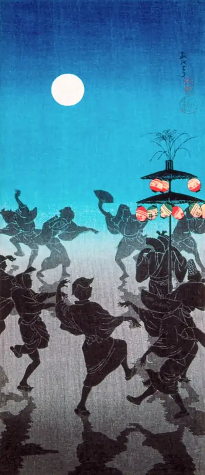 Colourful print of dancers in silhouette under lanterns on a pole