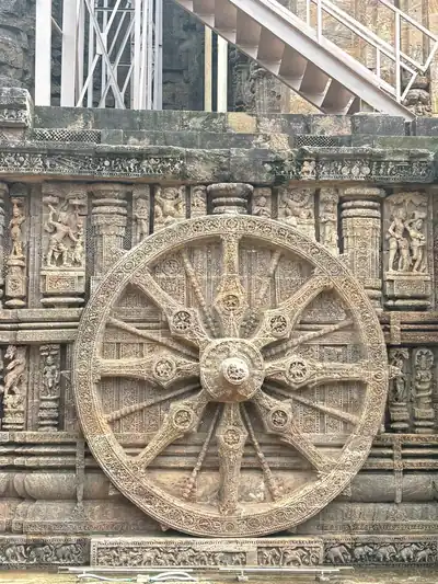 A carved stone chariot wheel of the Sun Temple at Konark
