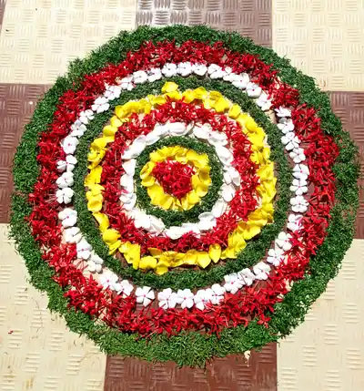 A circular flower carpet in rings of red, white, yellow and green petals