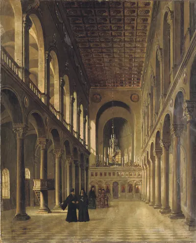 Old painting of the long arched interior of a great church