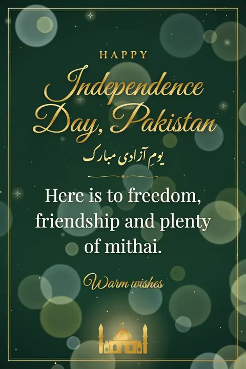 Pakistan Independence Day wishes image: Here is to freedom, friendship and plenty of mithai.