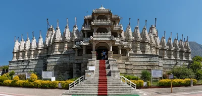 The white marble Jain temple at Ranakpur with its many spires