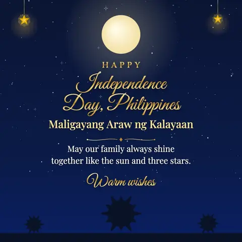 Philippine Independence Day wishes image: May our family always shine together like the sun and three stars.