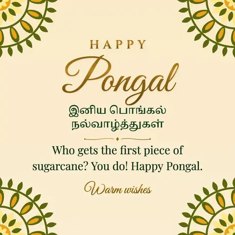 Pongal wishes image: Who gets the first piece of sugarcane? You do! Happy Pongal.