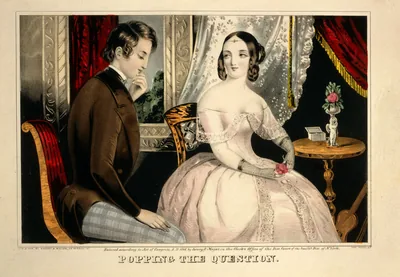 An old print of a young man asking a woman to marry him