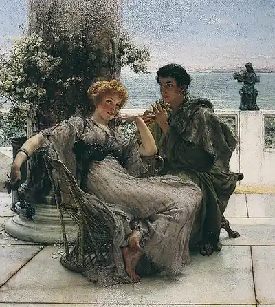 An old painting of a young couple talking on a marble bench