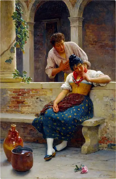 A painting of a young man speaking to a woman on a stone seat