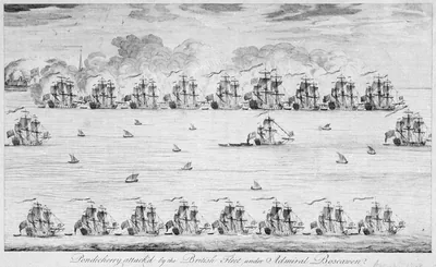 Old engraving of sailing ships off a coastal town