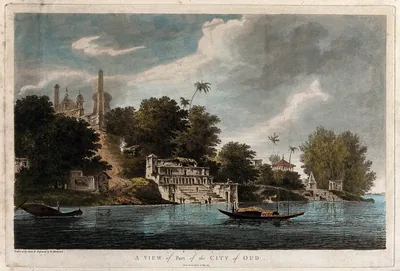 An old coloured engraving of temples and ghats beside a wide river with a boat