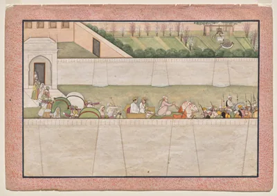 An old painting of Bharata and Shatrughna leaving Ayodhya with a party of horses and riders