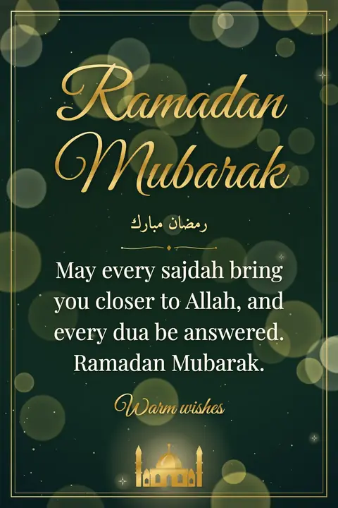 Ramadan wishes image: May every sajdah bring you closer to Allah, and every dua be answered. Ramadan Mubarak.