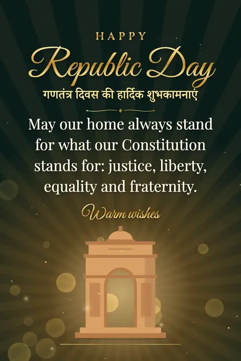 Republic Day (India) wishes image: May our home always stand for what our Constitution stands for: justice, liberty, equality and fraternity.