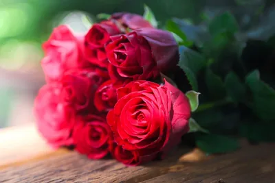 A bunch of deep red roses on a wooden table