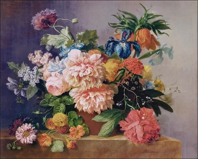 An old still life painting of roses and other flowers