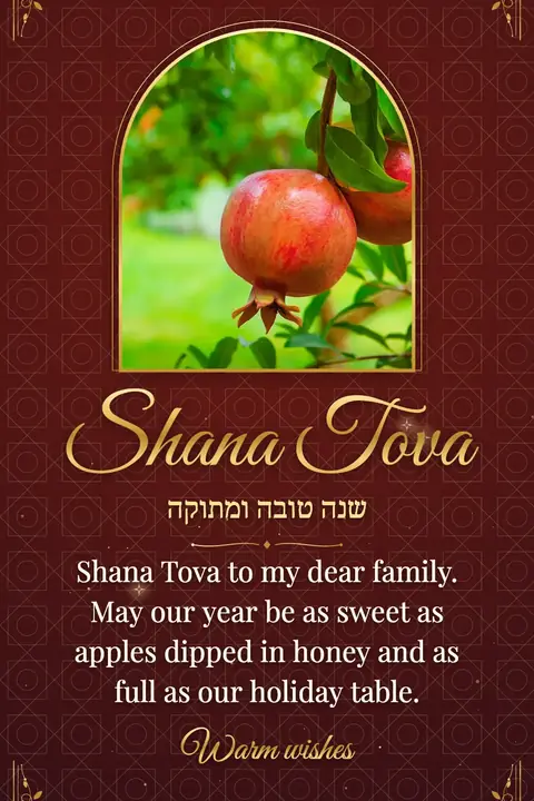 Rosh Hashanah wishes image: Shana Tova to my dear family. May our year be as sweet as apples dipped in honey and as full as our holiday table.