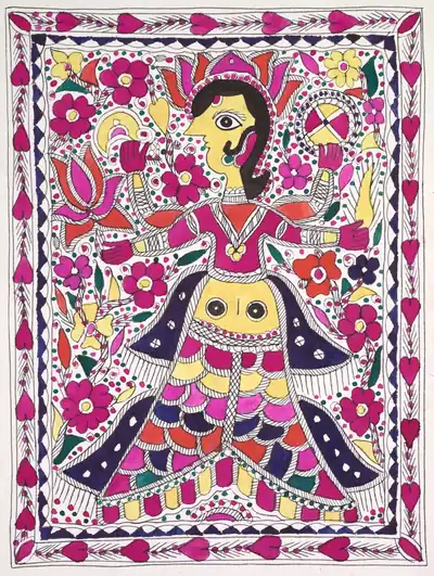 A Mithila painting of a goddess among flowers and birds in pink, yellow and blue