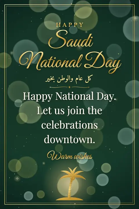 Saudi National Day wishes image: Happy National Day. Let us join the celebrations downtown.