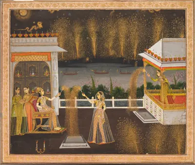 An old painting of royal women on a terrace watching fireworks at night