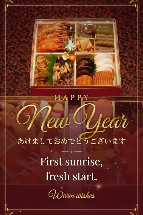 Shogatsu (Japanese New Year) wishes image: First sunrise, fresh start.