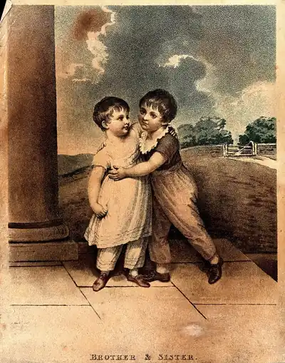An old print of a brother and sister hugging