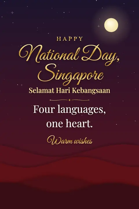 Singapore National Day wishes image: Four languages, one heart.