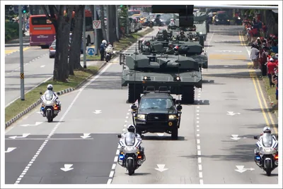 Armoured vehicles and motorcycles drive down a tree-lined road