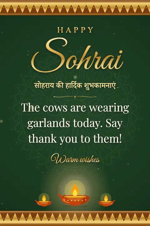 Sohrai wishes image: The cows are wearing garlands today. Say thank you to them!