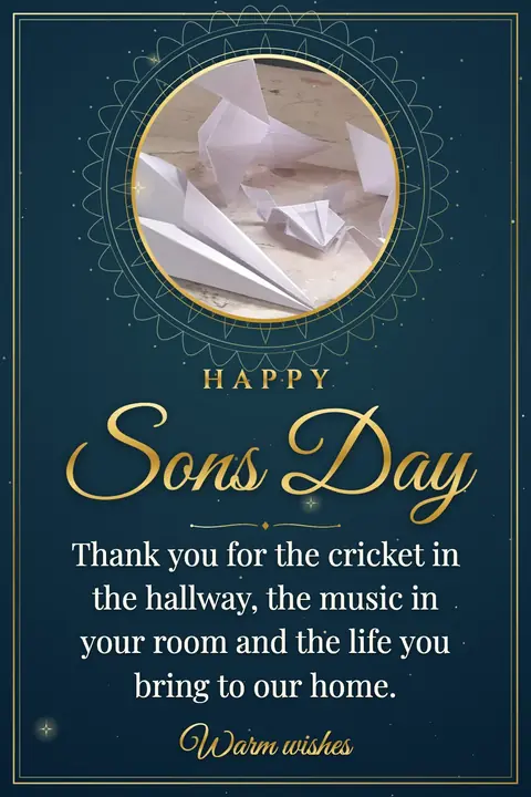 Sons Day wishes image: Thank you for the cricket in the hallway, the music in your room and the life you bring to our home.