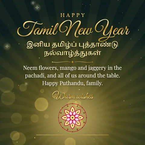 Tamil New Year wishes image: Neem flowers, mango and jaggery in the pachadi, and all of us around the table. Happy Puthandu, family.