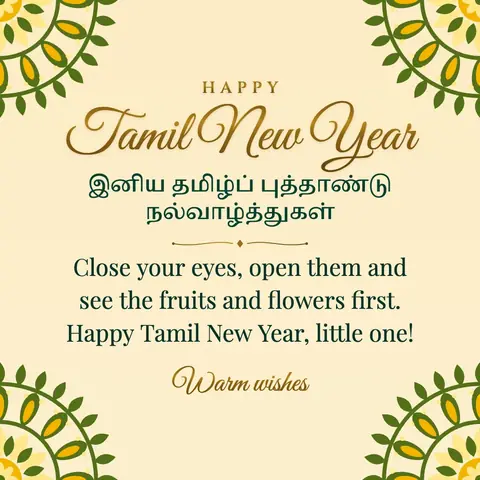 Tamil New Year wishes image: Close your eyes, open them and see the fruits and flowers first. Happy Tamil New Year, little one!