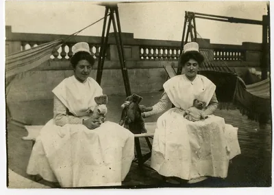 An old photo of two nurses holding teddy bears