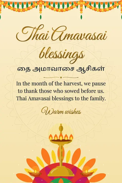 Thai Amavasai wishes image: In the month of the harvest, we pause to thank those who sowed before us. Thai Amavasai blessings to the family.