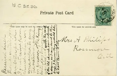 The back of an old postcard with a handwritten note
