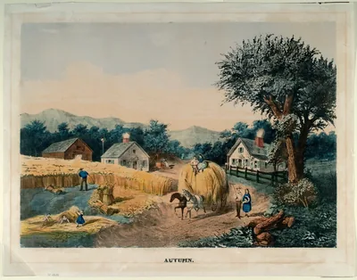 Old painting of farm workers gathering grain near a house in autumn
