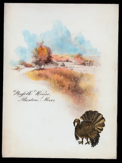 An old painted dinner menu cover with an autumn scene and a turkey