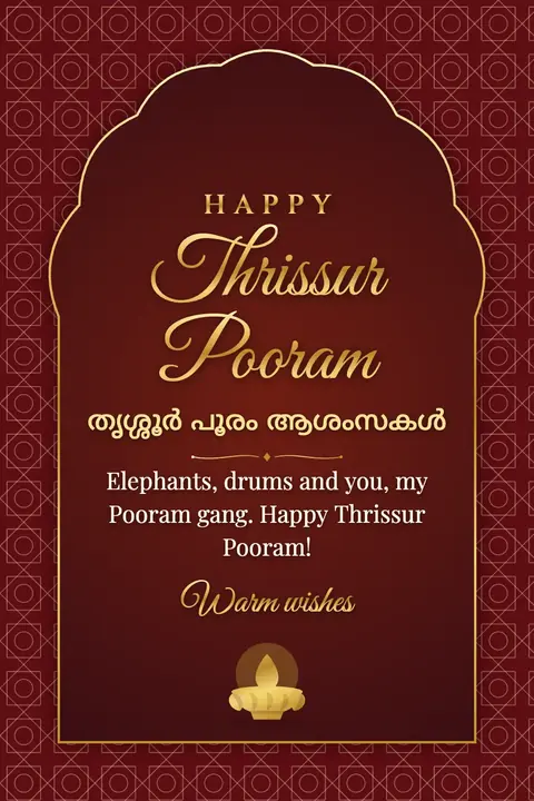Thrissur Pooram wishes image: Elephants, drums and you, my Pooram gang. Happy Thrissur Pooram!