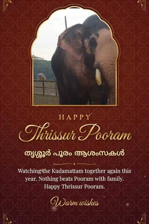 Thrissur Pooram wishes image: Watching the Kudamattam together again this year. Nothing beats Pooram with family. Happy Thrissur Pooram.