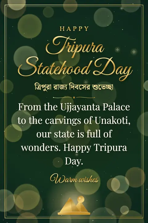 Tripura Statehood Day wishes image: From the Ujjayanta Palace to the carvings of Unakoti, our state is full of wonders. Happy Tripura Day.