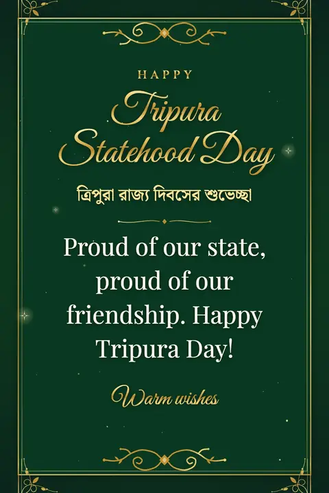 Tripura Statehood Day wishes image: Proud of our state, proud of our friendship. Happy Tripura Day!