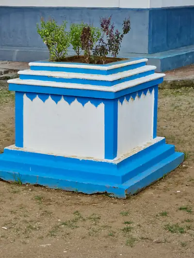 A blue and white painted tulsi planter in an open yard
