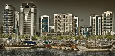 Wooden dhow boats moored along a creek in front of city buildings