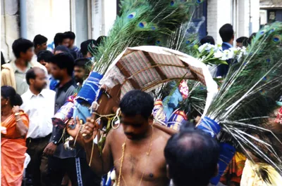 Men carrying a decorated kavadi with peacock feathers in a crowded procession