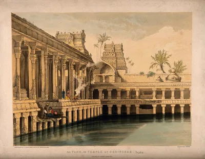 An old painting of a temple tank with stone halls and towers around it