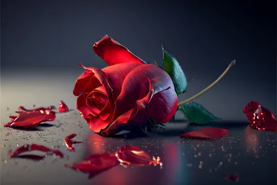A single red rose lying on a dark shiny surface with fallen petals