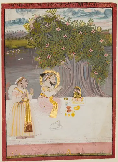 An old court painting of a royal couple seated under a large flowering tree with offerings before them