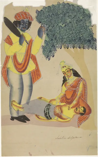 A Kalighat style painting of Savitri holding Satyavan as Yama stands before her