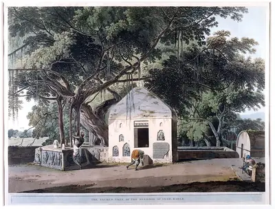 An old print of a small Hindu shrine under a huge banyan tree