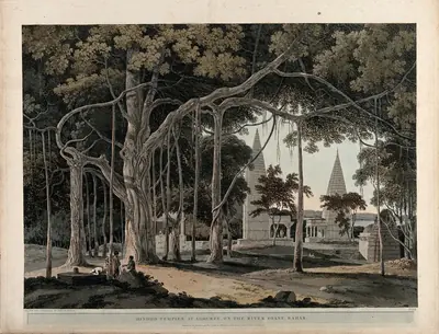 An old engraving of temples among the hanging roots of a banyan tree