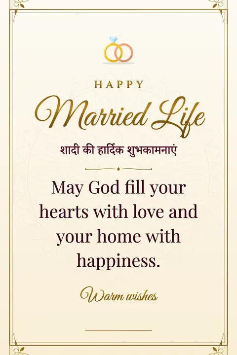 Wedding wishes image: May God fill your hearts with love and your home with happiness.